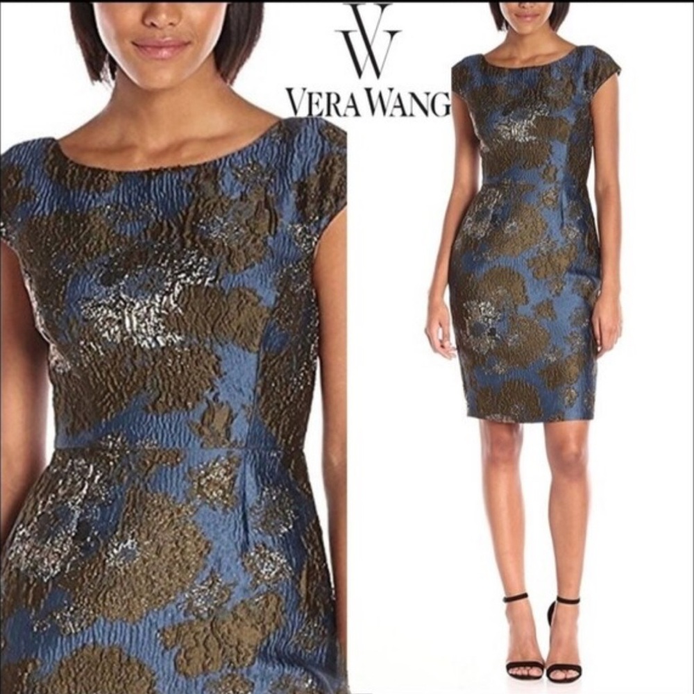 Vera Wang dark teal metallic brocade sheath dress
